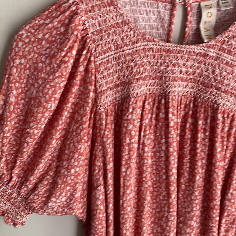 Anthropologie DOLAN Collection Rebecca Smocked Blouse Orange Motif - Picture 9 of 15